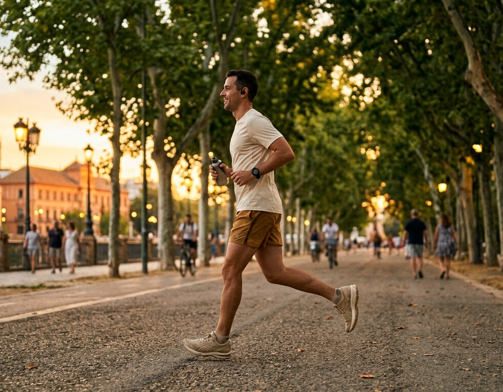 Persona corriendo al atardecer por una avenida arbolada